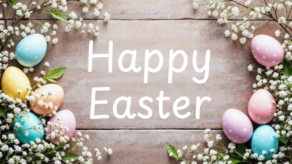Happy Easter Frame TV sign — pastel speckled eggs and baby's breath sprigs framing a rustic wood background